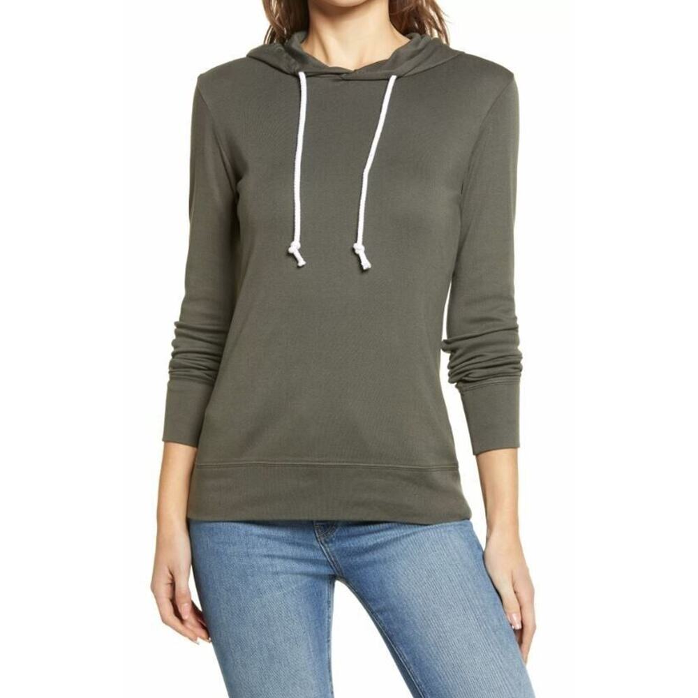 Caslon Women's Knit Long Sleeve Drawstring Hoodie in Grey Beluga XSmall MSRP $49